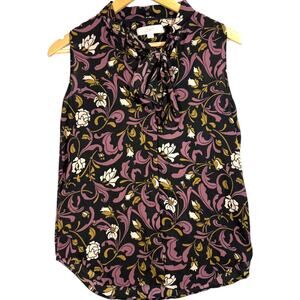 Loft XS Floral Tie Neck Top‎ Sleeveless Black Purple Gold Office Retro Feminine